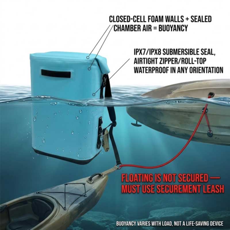 welded cooler backpack floating and still leashed to a capsized kayak, showing immersion sealing and buoyancy welded cooler backpack floating and still leashed to a capsized kayak, showing immersion sealing and buoyancy